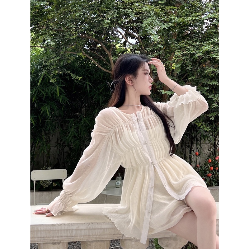 Bộ Áo Khoác Chiffon Dáng Rộng Chống Nắng + Quần Short Lưng Cao Ôm Dáng Kiểu Retro Pháp