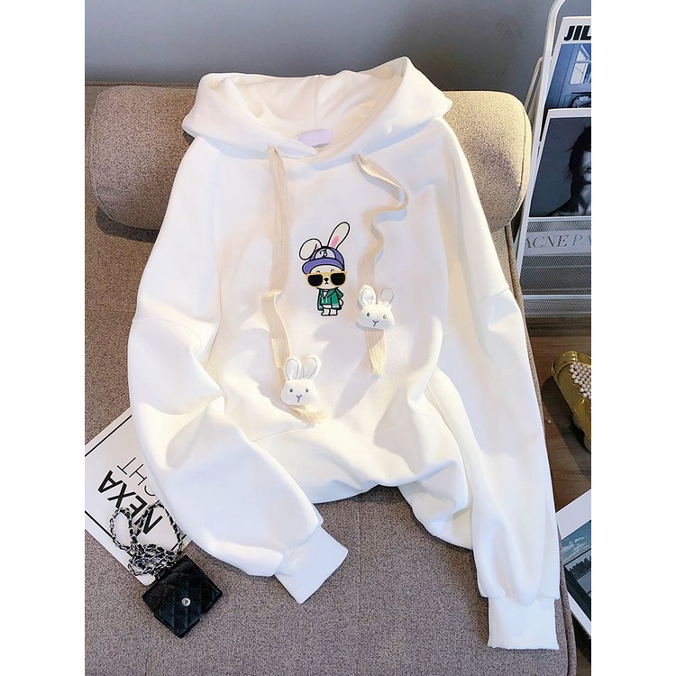 2022 autumn and winter sweet girl cute rabbit printing three-dimensional fun thin white hooded hoodie girl ins fashion