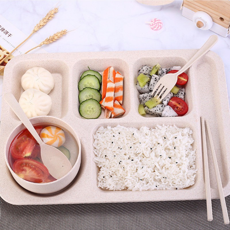 Khay cơm lúa mạch 5 ngăn cao cấp có kèm chén đựng canh