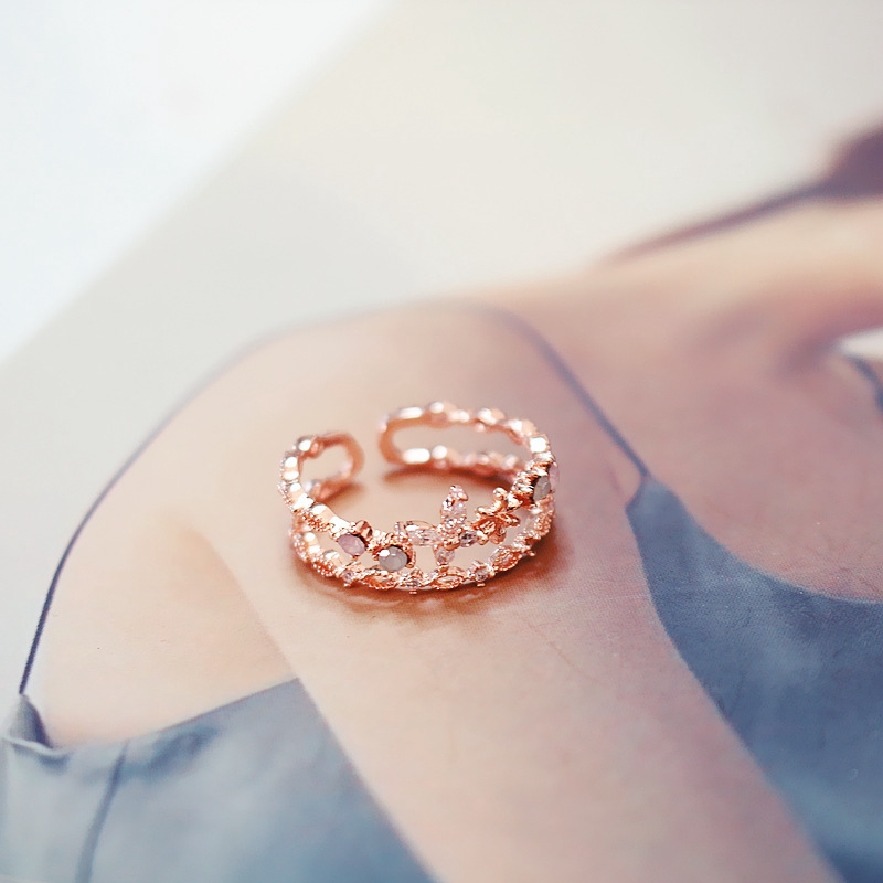 Nhẫn hở hai lớp màu vàng hồng hình bông hoa đính đá zircon thời trang cá tính cho nữ
