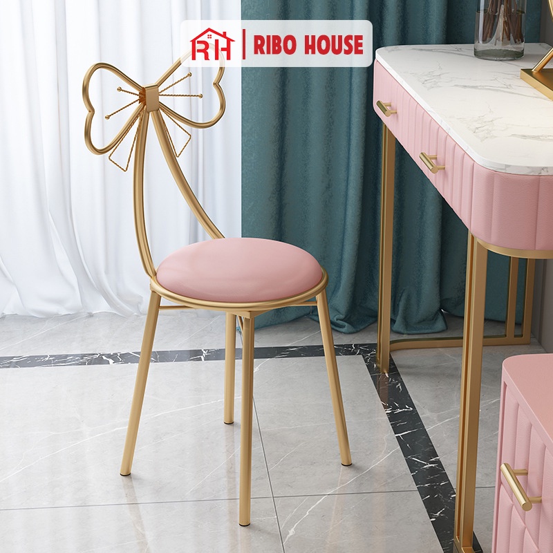 Ghế nơ RIBO HOUSE đệm vải nhung nỉ, ghế trang điểm trang trí phòng ngủ phòng khách decor quán cà phê nails spa RIBO40