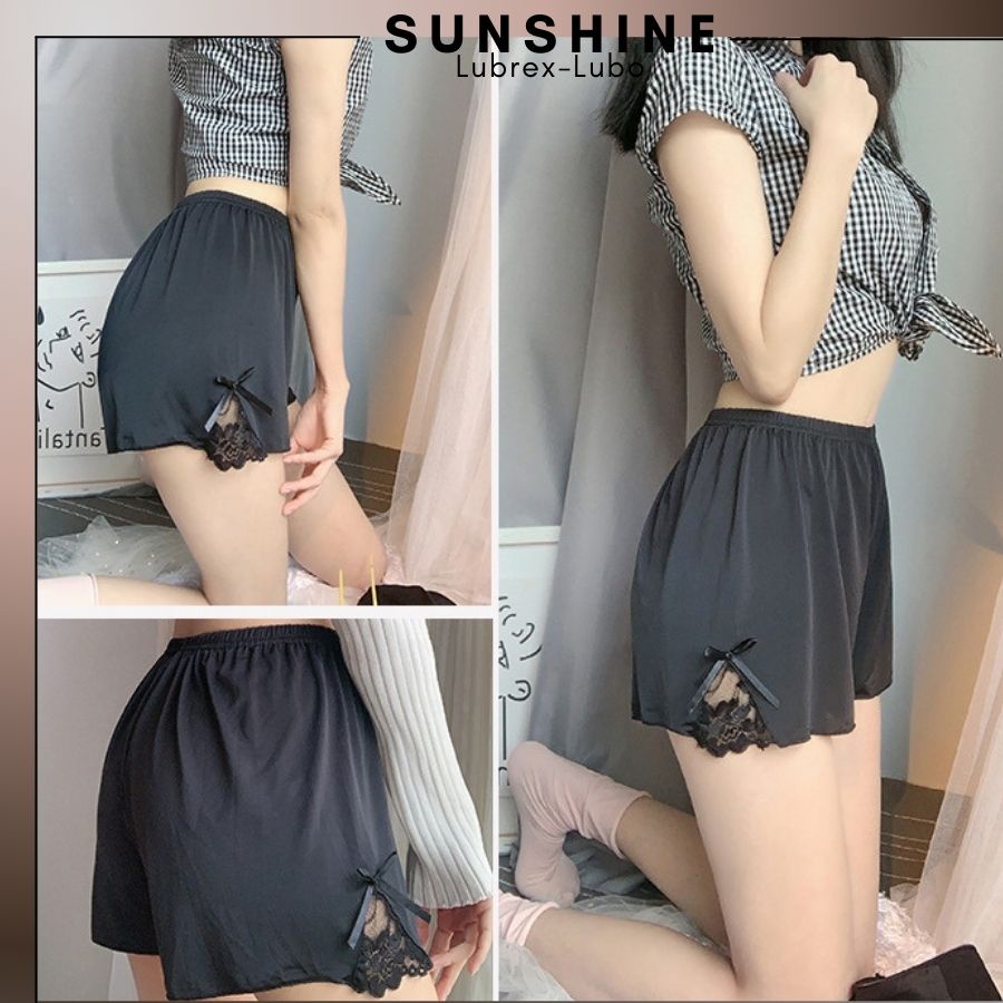 Quần short nữ mặc ngủ trong váy chất lụa mềm phối ren nơ SUNSHINE