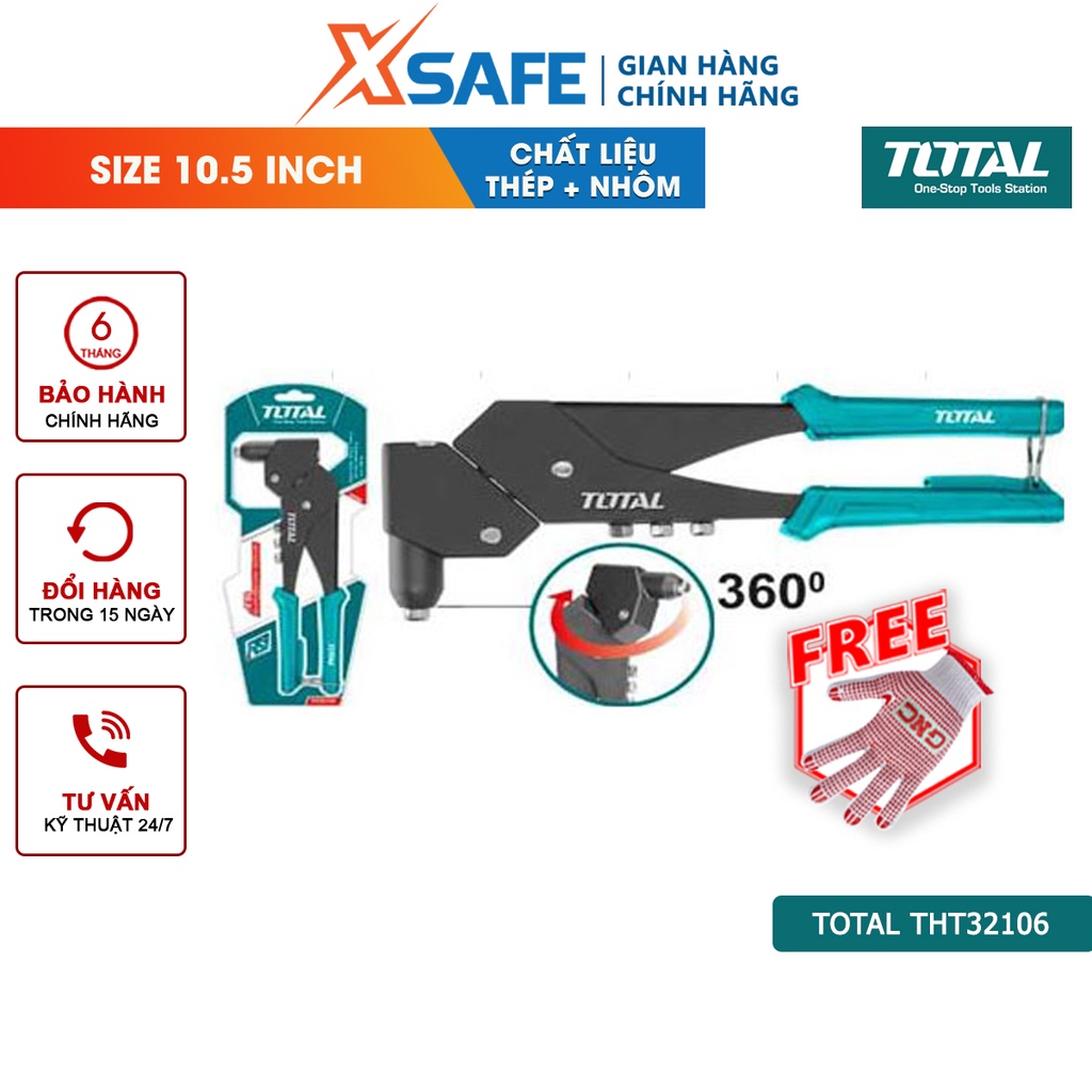 Kìm rút rivet TOTAL THT32106 kích thước 10.5 inch, đầu rút xoay được 360 độ, chất liệu thép nhôm - chính hãng