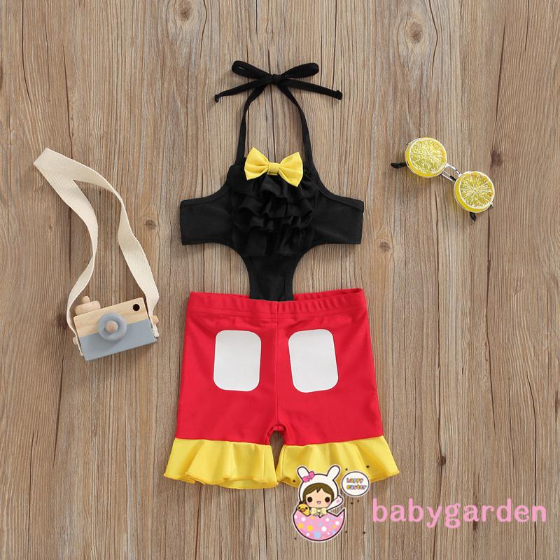 BABYGARDEN-0-5years Boys Girls Swimsuit One Piece Bow Decoration Contrast Color Halter Sleeveless Design Cute Ruffle