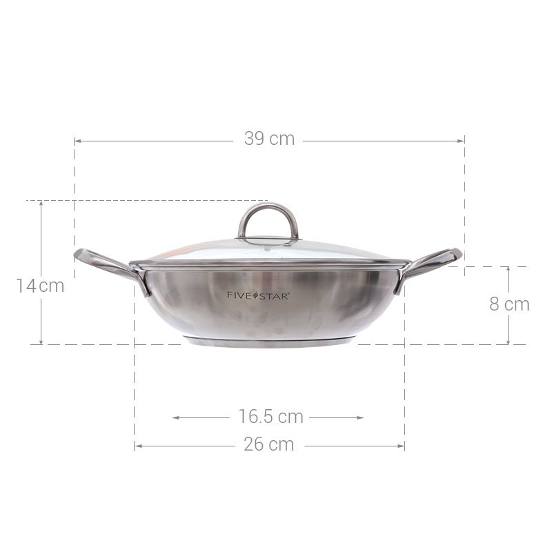 Chảo xào 3 đáy inox nắp kính (26cm) dùng được trên bếp ga, hồng ngoại - Hàng FIVESTAR STANDARD nhập khẩu CHÍNH HÃNG