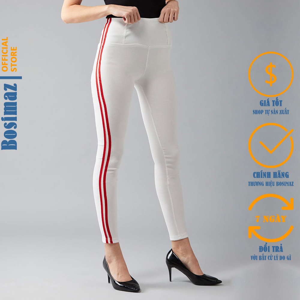 Quần Legging Nữ Bosimaz MS236 dài túi sau màu trắng sọc đỏ cao cấp, thun co giãn 4 chiều, vải đẹp dày, thoáng mát.