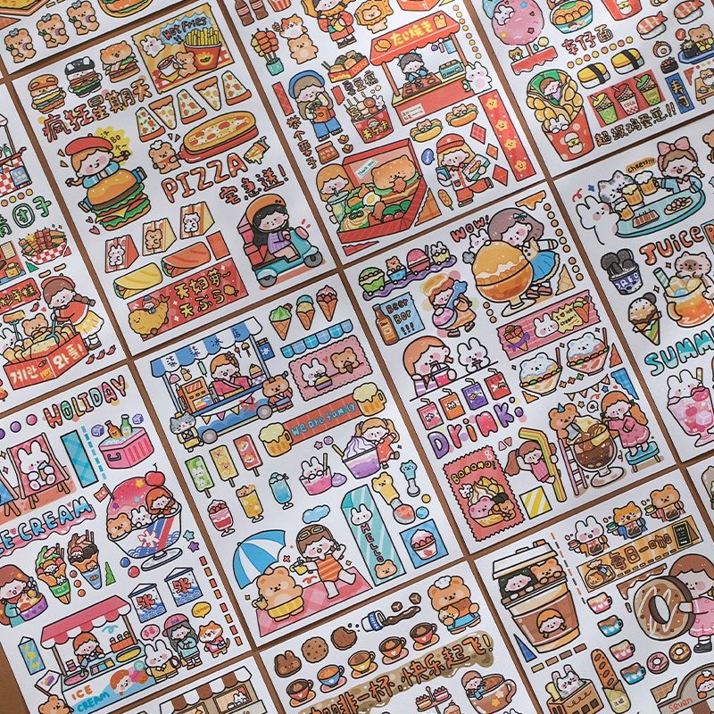 Ông giấy 4 loại 4 tờ / gói nhãn dán cô gái dễ thương phim hoạt hình kem burger lẩu thực phẩm nhãn dán tài khoản sáng tạo trang trí tài khoản tài khoản tự làm nhãn dán văn phòng phẩm