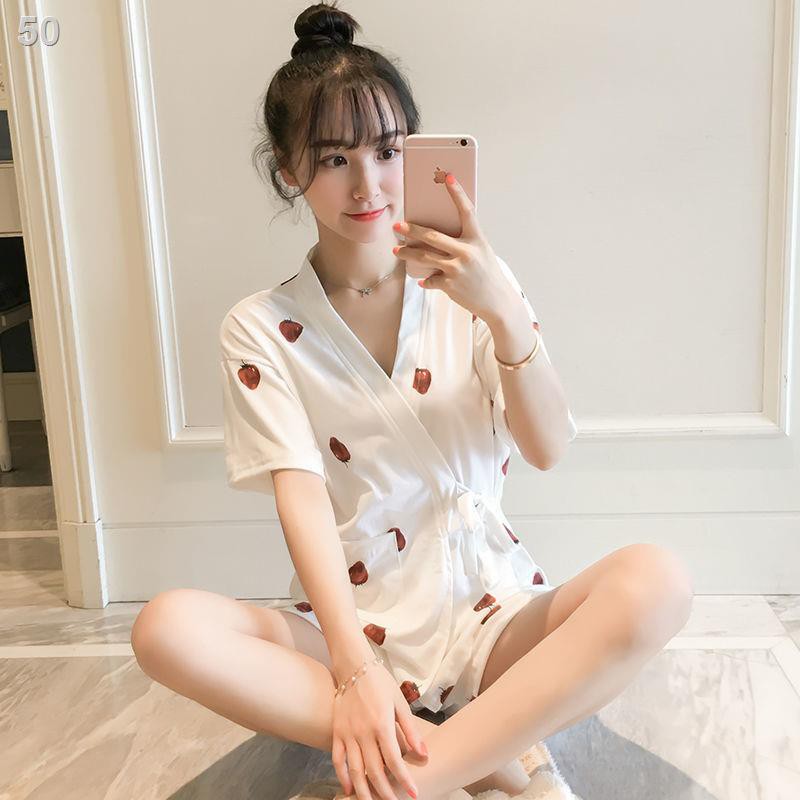 pyjama nữ sinh mùa hè phiên bản Hàn Quốc dễ thương mới rộng rãi lưới màu đỏ ngắn tay kimono hai dây - bộ đồ vest c