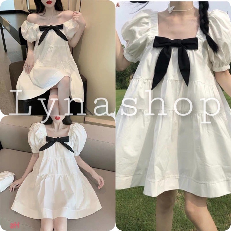 Đầm babydoll🍉 Váy Babydoll Cổ Vuông Nơ Gài 🍉 FREESHIP🍉 Đầm Trắng Nữ Cộc Tay Nơ Đen, đầm suông dáng xòe công chúa