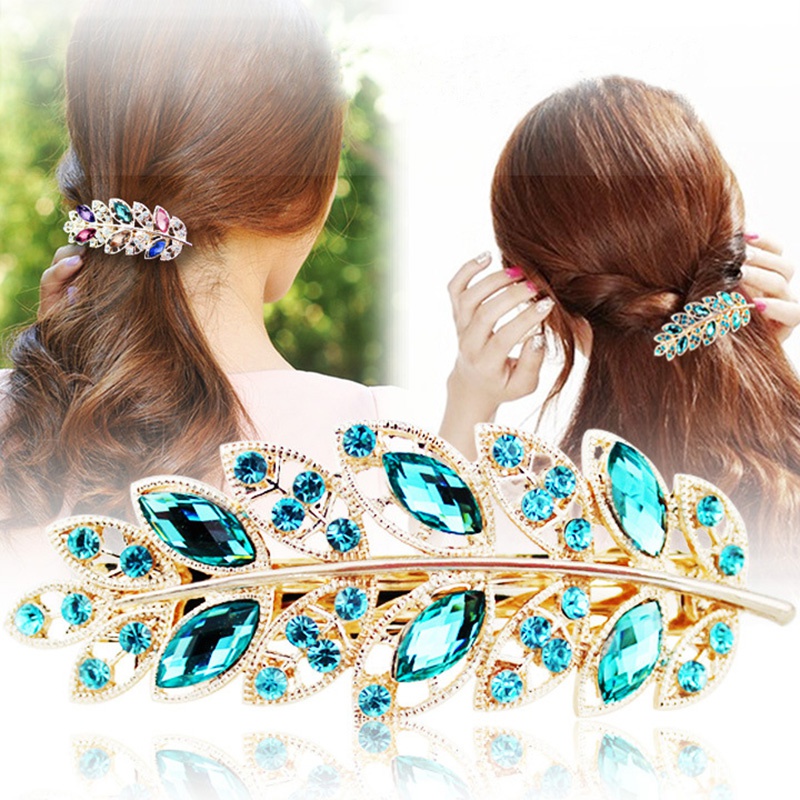 Kẹp Tóc Hợp Kim Hình Chiếc Lá Đính Đá 6 Màu Thời Trang Cho Nữ