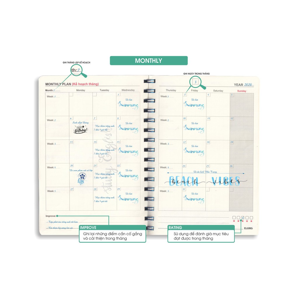 SỔ PLANNER  KẾ HOẠCH A5, LÒ XO KÉP 200 trang HÃNG KLONG