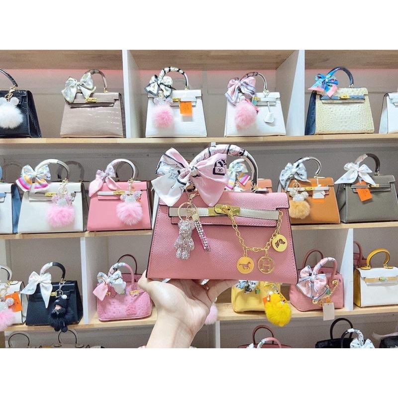 Túi xách hm kelly hồng phối trắng Sup siêu đẹp tặng kèm khăn