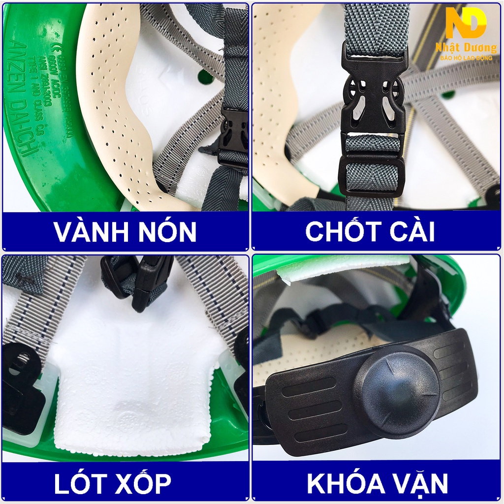 Mũ bảo hộ lao động khóa vặn màu xanh lá có lót xốp N08, Nón bảo hộ lao động Nhật Dương