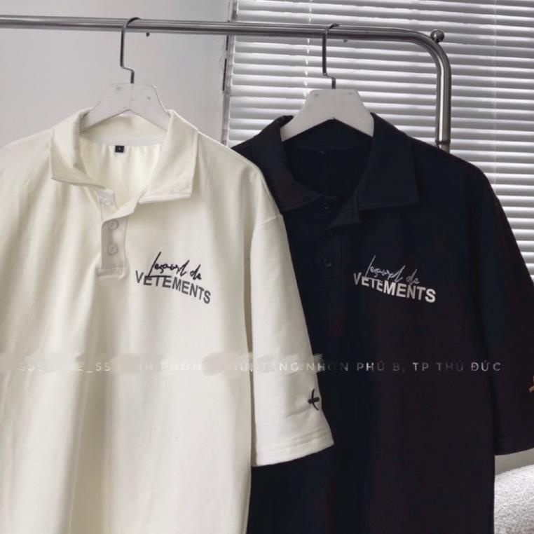 Áo Thun Polo Tay Lỡ Vetements 2 Màu Basic Đen Trắng Form Rộng Unisex Nam Nữ(Hàng Sẵn)