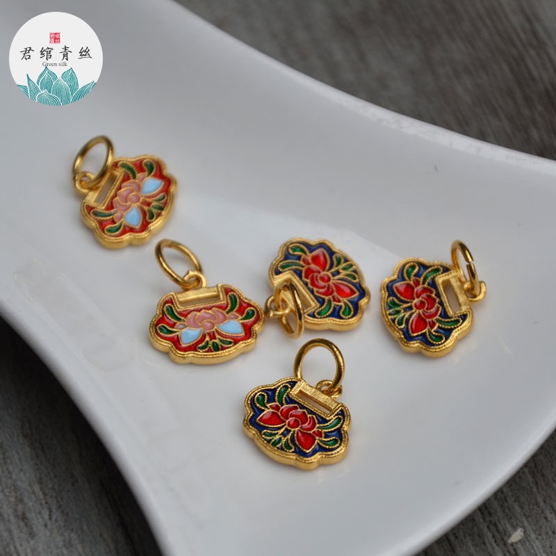Bingyingge Mặt Dây Chuyền Bằng Đồng Nguyên Chất Mạ Vàng Kim Nguyên Chất Hình Ổ Khóa Ruyi Màu Xanh Lam Cháy Làm Trang