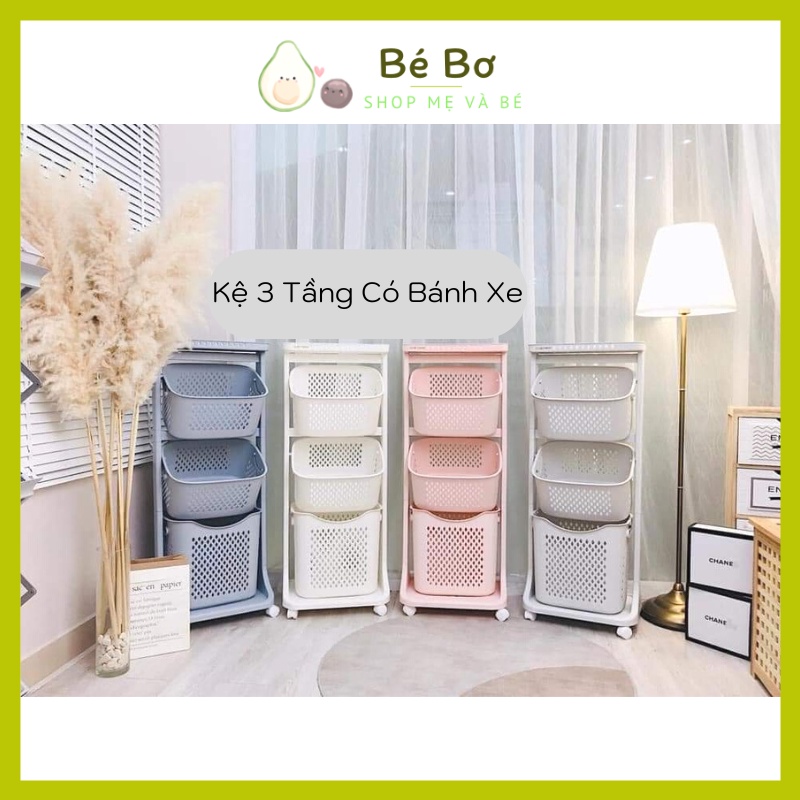 Kệ đựng đồ đa năng 3 tầng có bánh xe Việt Nhật, Kệ đựng đồ đa năng có bánh xe và sọt to để đồ tiện lợi nhiều màu sắc