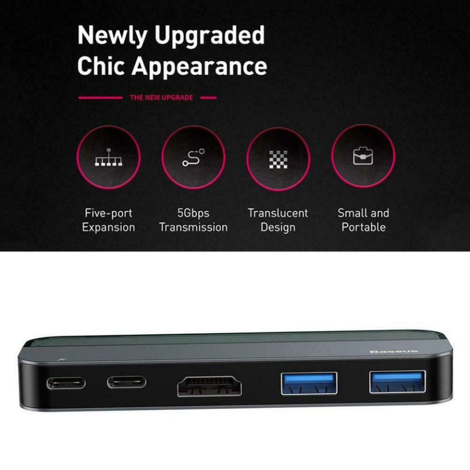 Bộ USB C Hub Baseus 5 in 1 mở rộng cổng kết nối USB 3.0, HDMI, Thunderbolt 3,cho Macbook Pro, Dell , HP