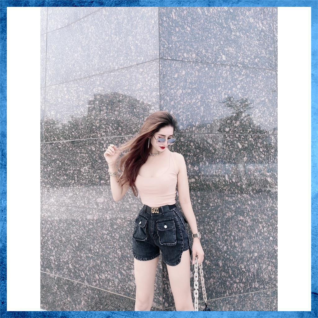 [Mã HUONGZOZO giảm 10K đơn 499K] Quần shorts jeans trơn, quần sooc bò lưng cao túi hộp xẻ sườn. Mã S0115