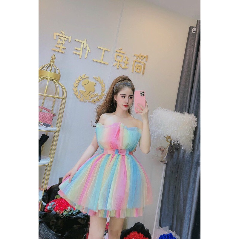 đầm cúp phối màu eo nơ