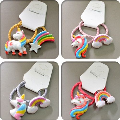 Set 2 dây buộc tóc co giãn trang trí ngựa một sừng và cầu vồng hoạt hình đáng yêu dành cho bé gái