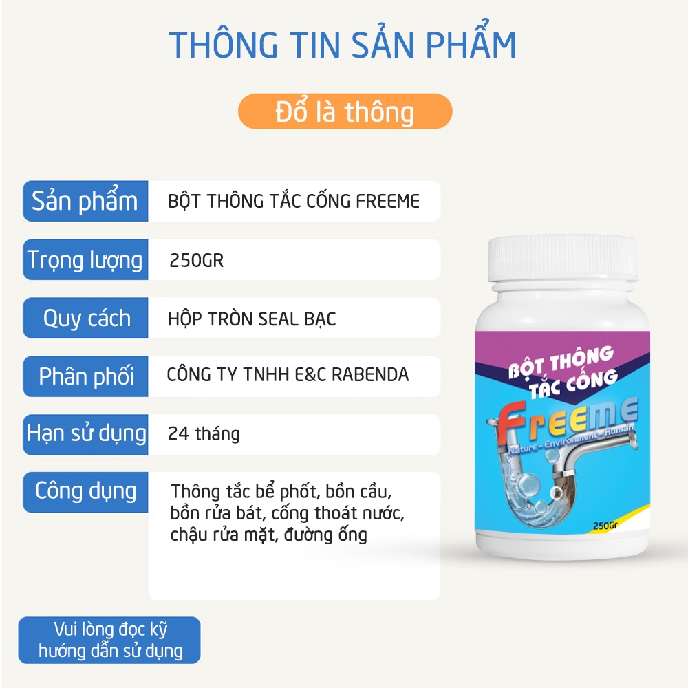 Bột thông cống Freeme CỰC MẠNH, cho bồn rửa bát, lavabo, bồn cầu cống thoát nước 300gr BTC