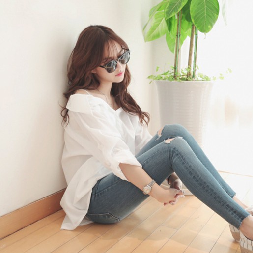 Áo trễ vai SUXI tay dài dáng rộng màu trắng thời trang cho nữ