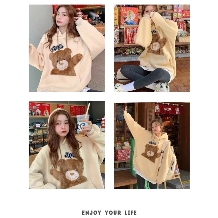 Áo khoác Hoodie Nữ chất Thun Nỉ thêu logo 1895 phối hình Gấu siêu dễ thương UTMChoodie106