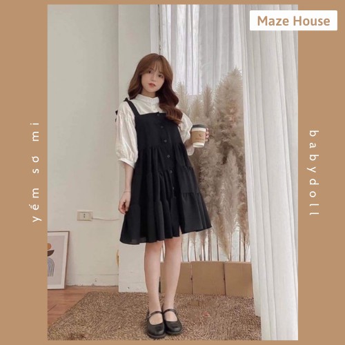 Set áo và váy yếm buộc dây nơ 💖 Freeship 💖 Bộ váy yếm babydoll kèm áo sơ mi cài cúc | BigBuy360 - bigbuy360.vn