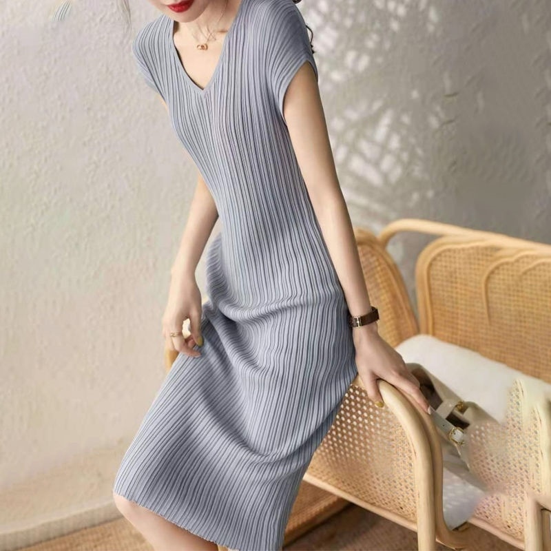 Bán Chạy Đầm Cổ Chữ V Dáng Ôm Họa Tiết Kẻ Sọc Duyên Dáng Phong Cách Mới Mùa Hè Dành Cho Bạn Nữ 16-C