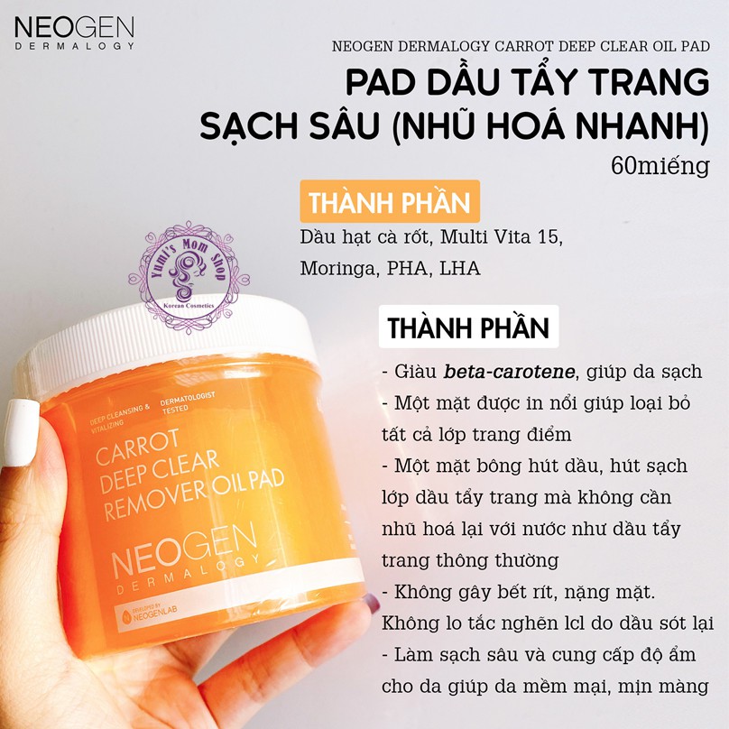 Miếng Dầu Tẩy Trang Neogen Dermalogy Carrot Deep Clear Oil Pad 60 miếng