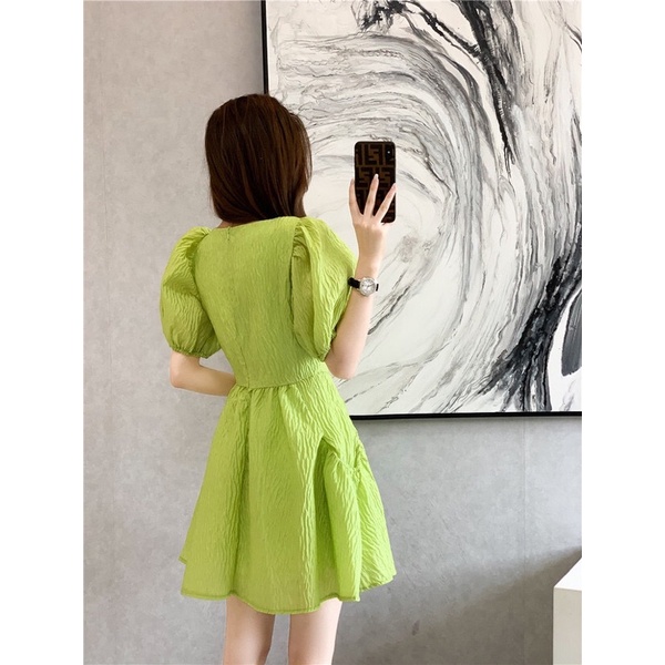 Đầm Babydoll Màu Xanh Vải Sần Xoè Xinh Xắn