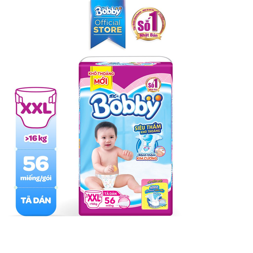 [Chỉ giao miền Bắc] Tã Dán Bobby Siêu Thấm – Khô Thoáng S80/M76/L68/XL62/XXL56
