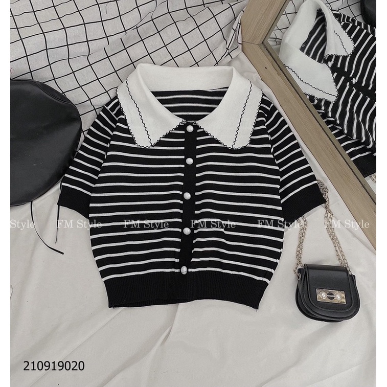 Áo len cổ sen cúc đính kẻ ngang và trơn ngắn tay bo gấu AL8022 - NhiNhi Shop | BigBuy360 - bigbuy360.vn