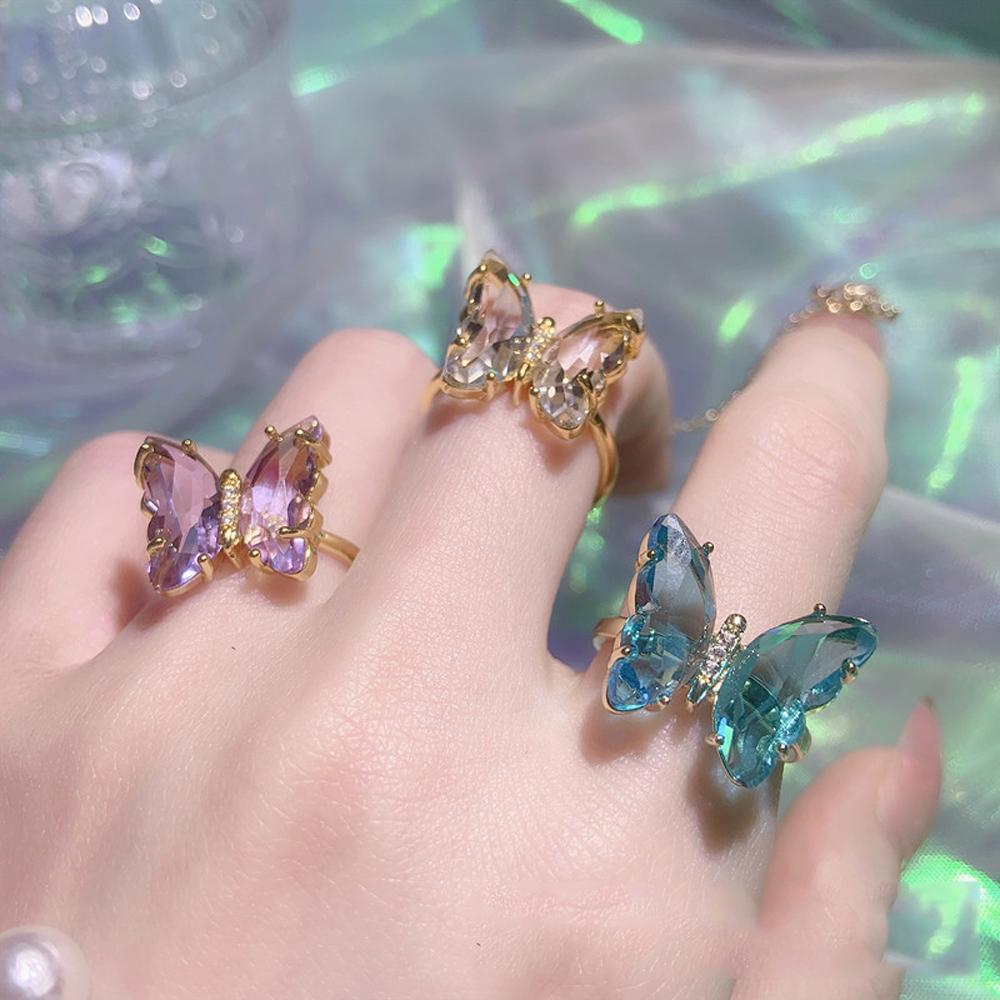 Nhẫn hở thiết kế hình bướm trong suốt nhiều màu tùy chọn thanh lịch cho nữ