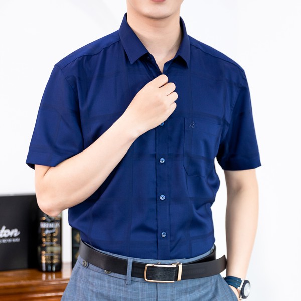 Áo Sơ Mi Nam Công Sở Trung Niên Anton Xanh Tím Than Ngắn Tay Kẻ Caro Thoáng Mát, Thấm Hút Mồ Hôi - NT201