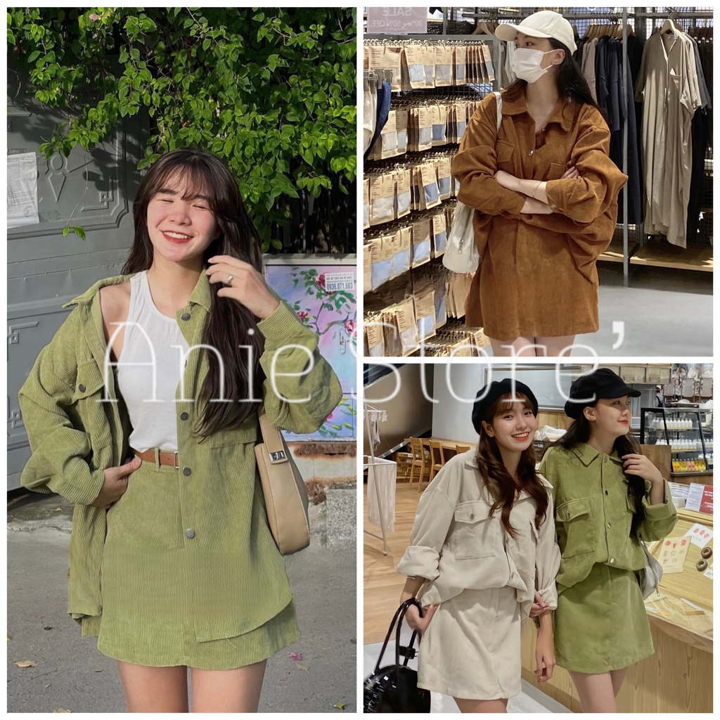 Bộ Áo Sơ Mi Chân Váy Chữ A Vải Nhung 🦋 Set Somi Nữ Dài Tay Kèm Váy Ngắn Cạp Cao 3 Màu 🦋