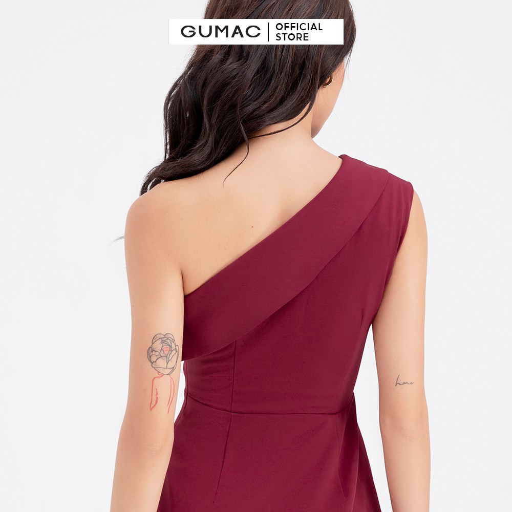 [Mã MABR07062 giảm 8% tối đa 50K đơn từ 249K] Đầm xòe nữ lệch vai phối bèo GUMAC màu đỏ hở vai quyến rũ DB688 | BigBuy360 - bigbuy360.vn
