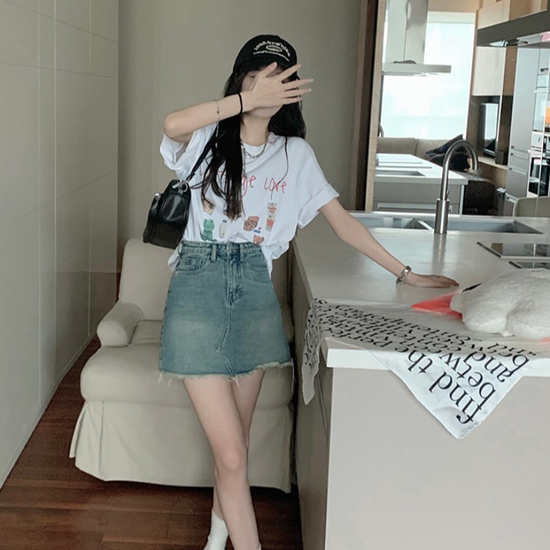 ﹍✹Chân Váy Denim Dáng Chữ a Lưng Cao Phối Tua Rua Thời Trang Mùa Hè Cho Nữ