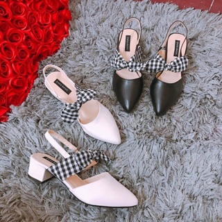 Sandal bít mũi Zara basic đính nơ kẻ