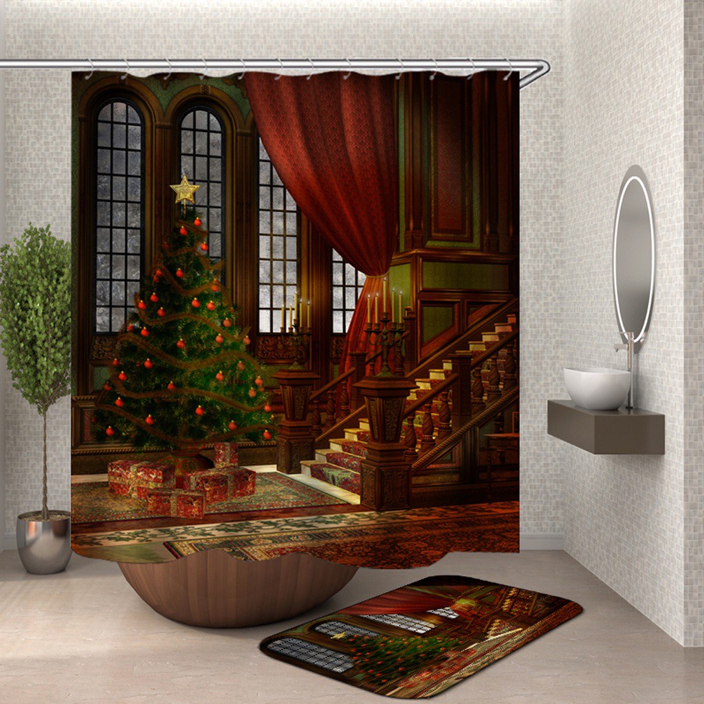 Christmas 180X180cm Shower Curtain Bathroom Anti-slip Carpet Rug Toilet Cover