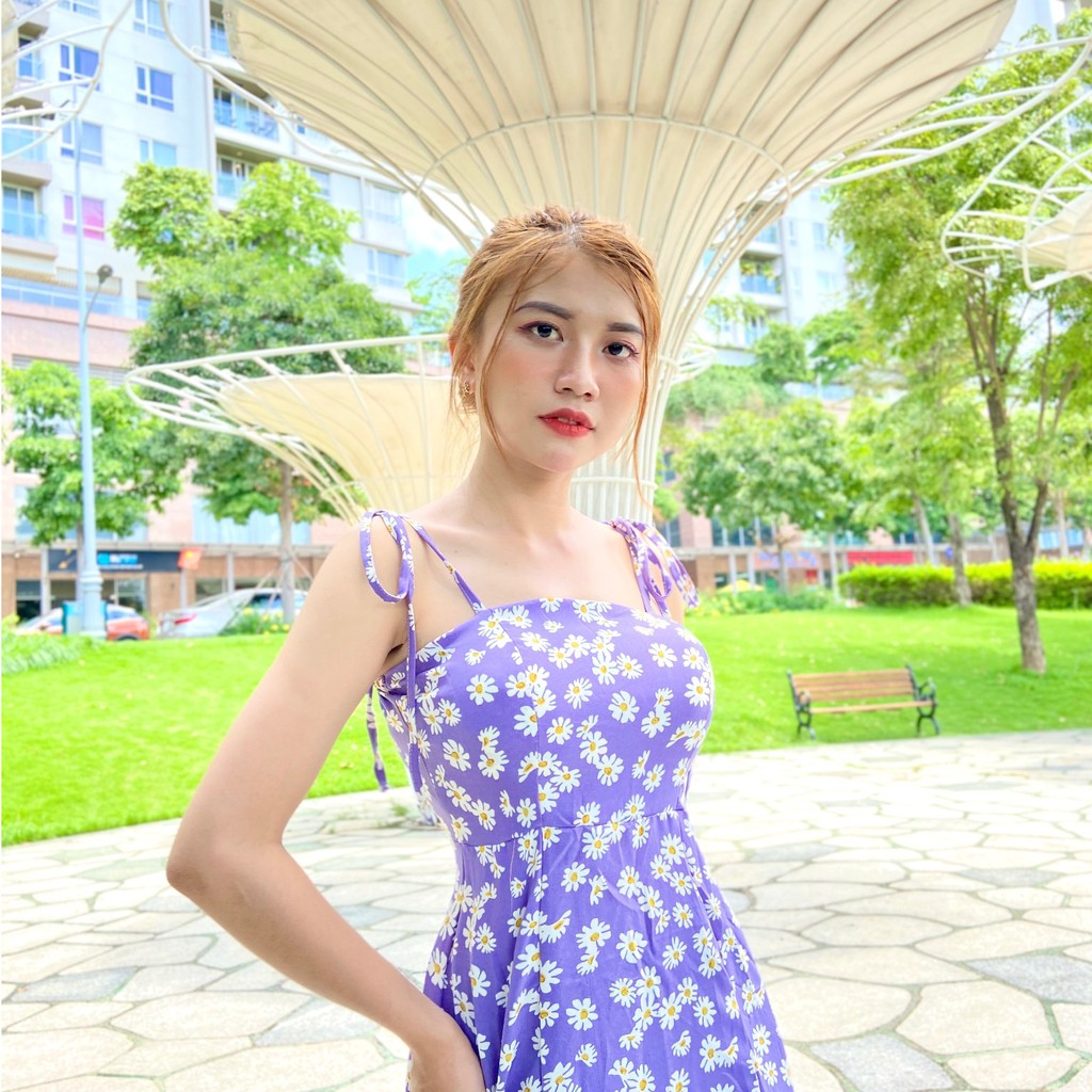 [Mã FADI5K245 giảm 5K đơn 0đ] [𝐗𝐀̉ 𝐇𝐀̀𝐍𝐆] Đầm Maxi Hoa Tím dây cột vai có mút ngực