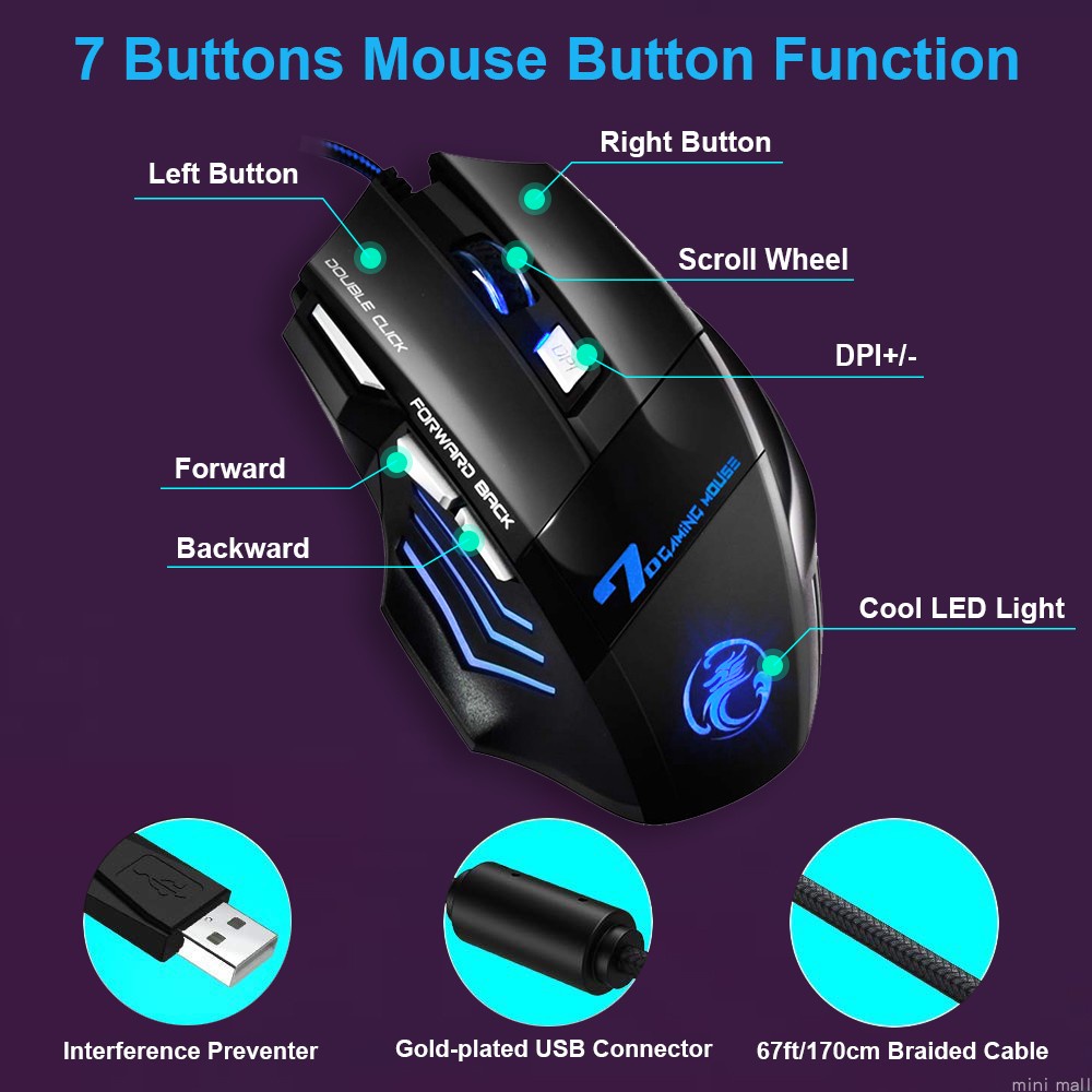 Chuột chơi game có dây IMice X7 Rgb bốn tốc độ, dùng cực êm có thể điều chỉnh cho PC và Laptop