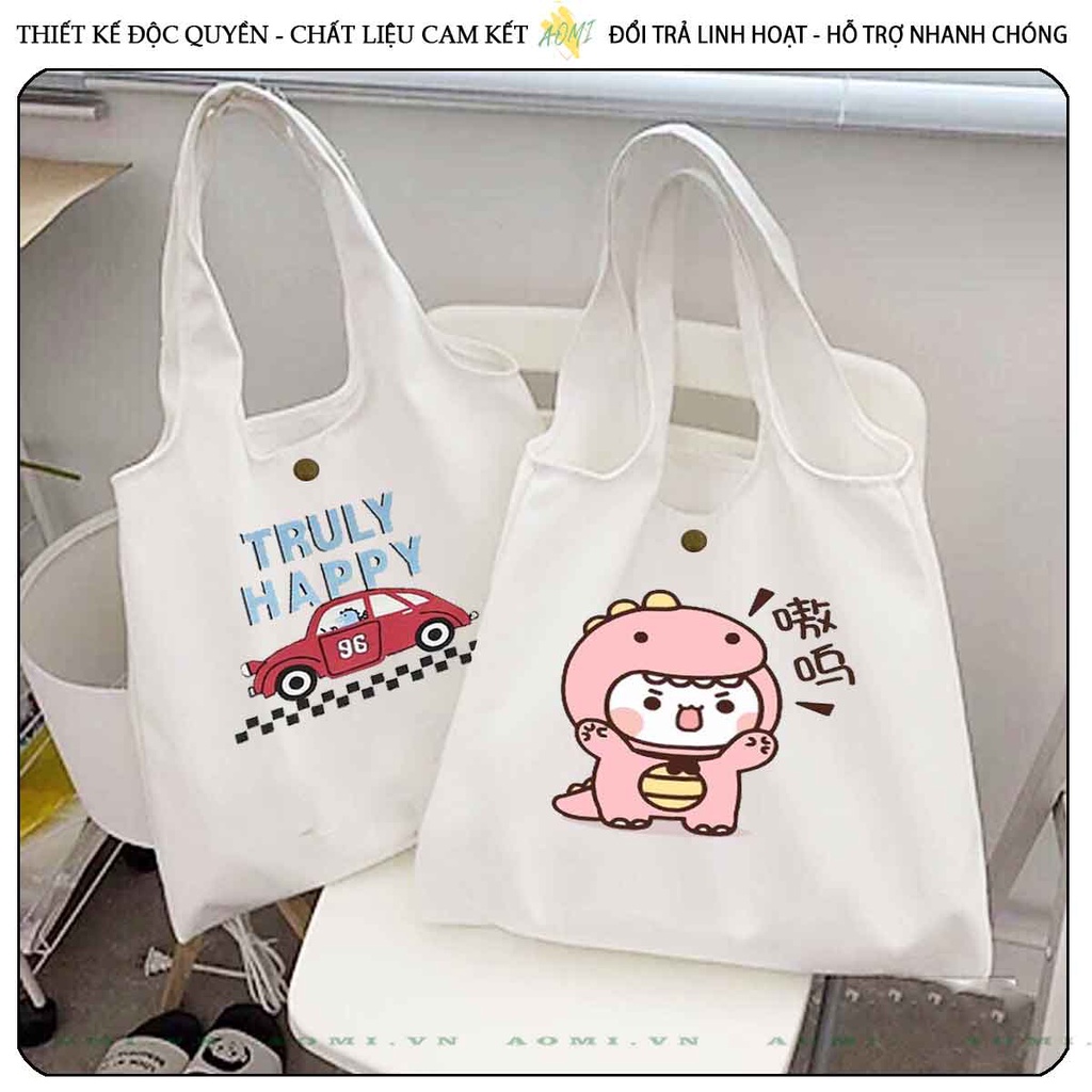 TOTE CANVAS hoat hình khủng long cute FORM TRÒN TÚI VẢI ĐEO VAI BAG NÚT BẤM SIZE LỚN AOMIVN DU LỊCH DẠO PHỐ CÁ TÍNH