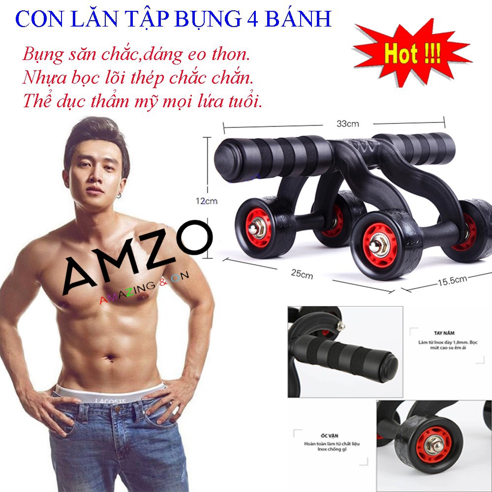 Con lăn tập cơ bụng-Con lăn tập bụng 4 bánh tặng kèm thảm tập (Giao màu ngẫu nhiên)