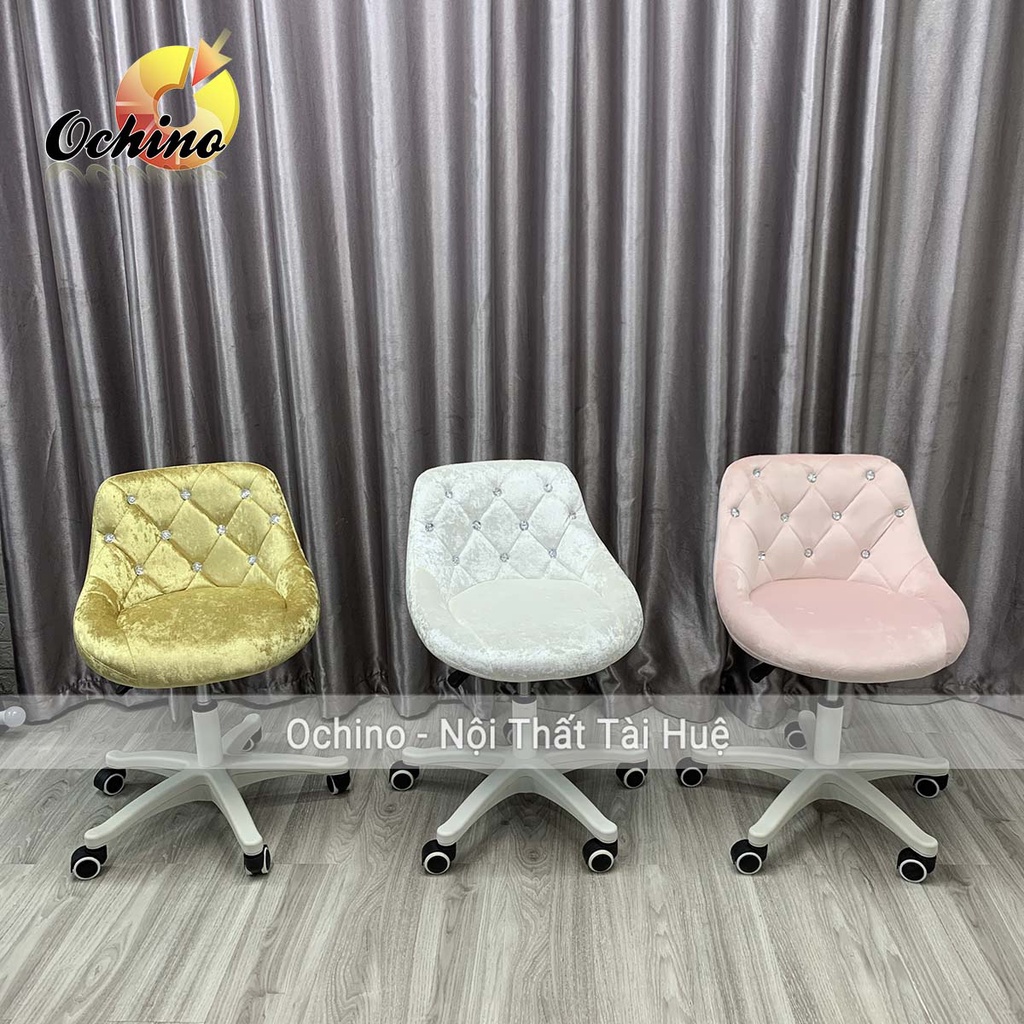 Ghế Xoay Văn Phòng, Ghế Spa Phun Xăm  Mẫu Nỉ Nhung Đính Đá Cách Điệu Chân Trắng (Ảnh Thật Shop Chụp)
