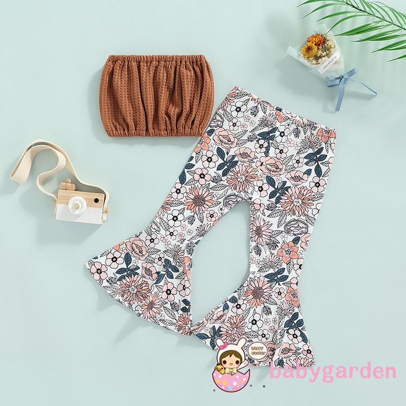 BABYGARDEN-1-6 Years Baby Girl Summer Outfit, Solid Color Sleeveless Strapless Short Tops+ Floral Print Suspender