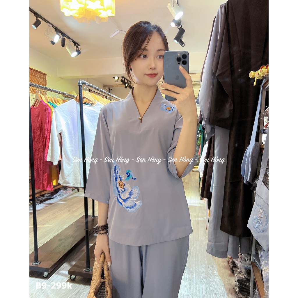 SET QUẦN ÁO ĐI CHÙA VẢI MÁT - đồ lam Phật tử kate lụa mềm cao cấp - bộ đi lễ dáng xuông thêu 3D trên vai và thân áo B9