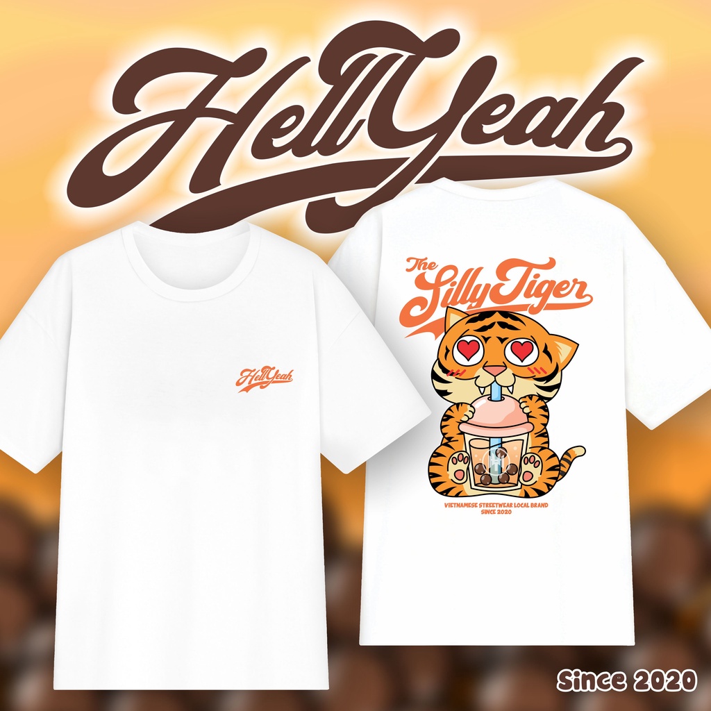 Áo Thun Unisex Tay Lỡ Form Rộng Hình Cọp Silly Trà Sữa HELLYEAH Design In 2 Mặt 2 Màu Đen Trắng