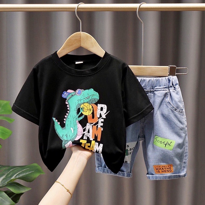 Bộ bé trai quần Jean và áo cotton hình khủng Long