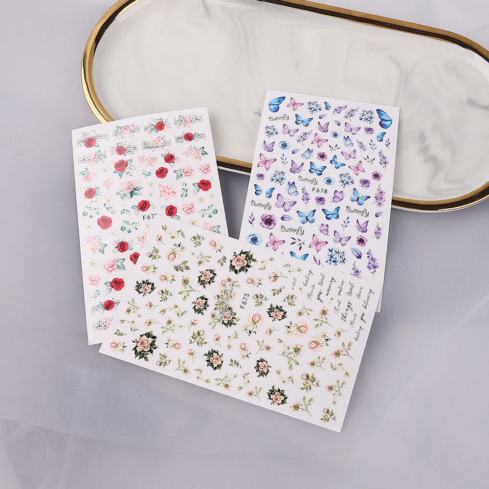 1 Tấm Hình Dán Trang Trí Móng Tay Họa Tiết Hoa Và Bướm 3D Thời Trang